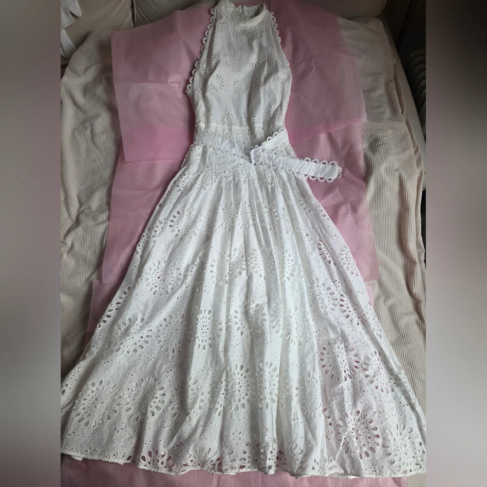 ZARA Openwork Embroidered Midi Dress ZW COLLECTION oyster white Nwt - Picture 2 of 16